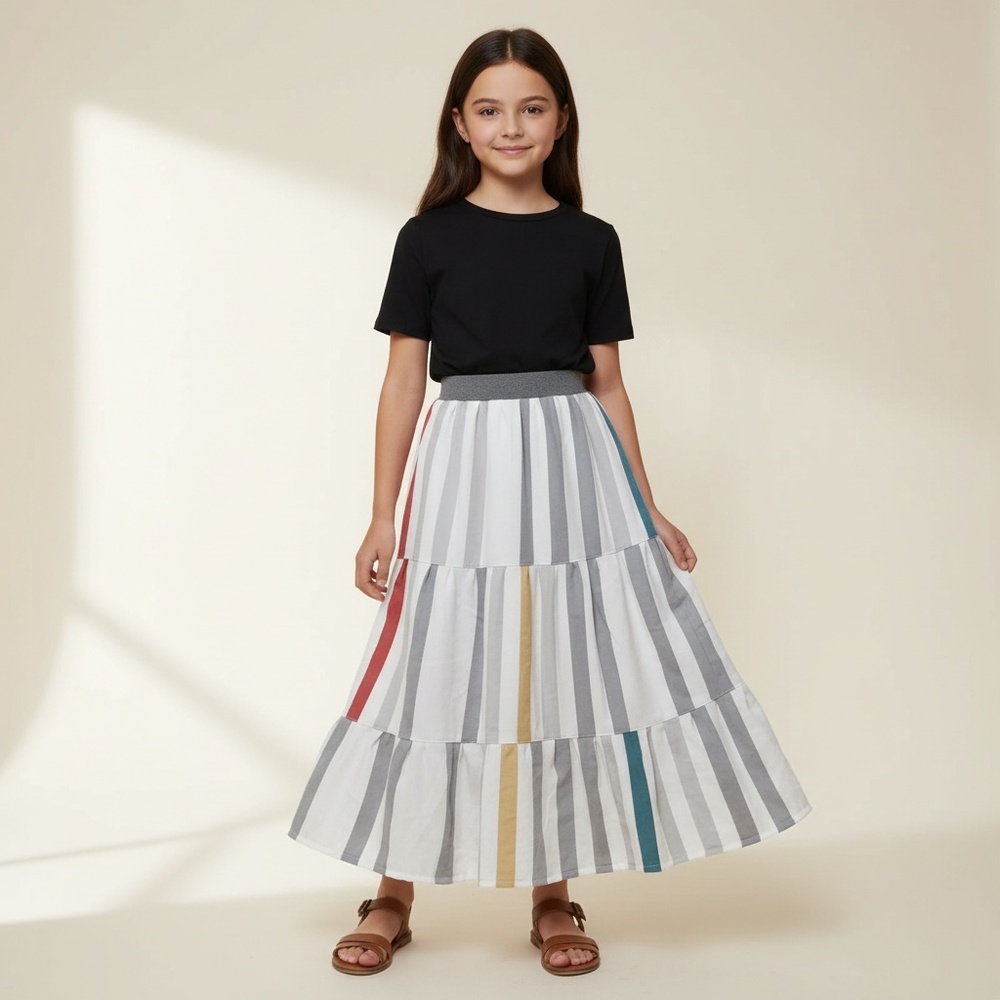 Skirt Girls M 8 Maxi 100% Cotton Stripes Lined Ruffle Tier Mom and‎ Pop's Kids